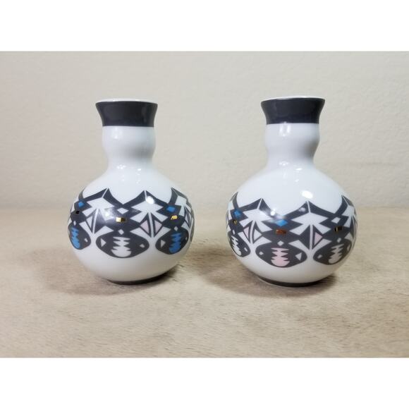 Candle Holder Candlestick McKinney 4 1/2" Porcelain Native American Design x2 - Picture 1 of 12